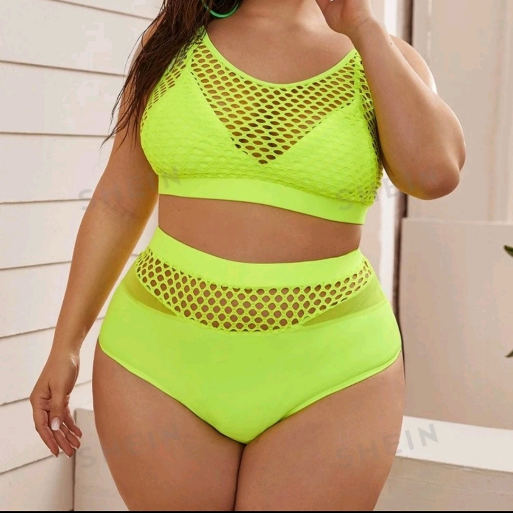 NWT Shein Swim Curve Plus Neon Yellow fishnet swim bathing suit “TOP ONLY” Sz 1X